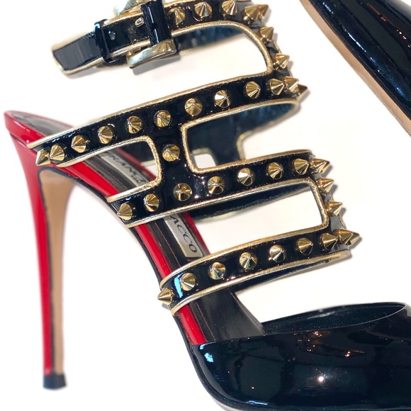 Francesco Sacco Black Patent w/Gold Studs & Red Trim, Ankle Strap, Sz 7.5, Italy - Picture 3 of 15